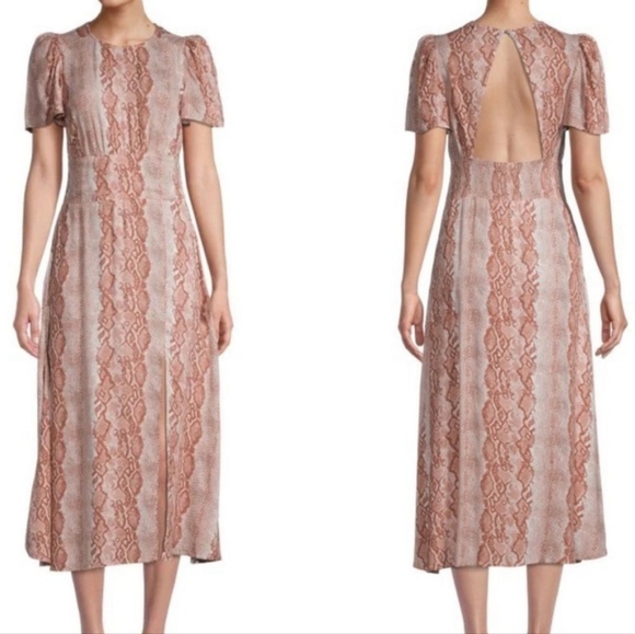 AFRM Jamie Snakeskin Print Cut out Open Back Short Flutter Sleeve Midi Dress - Picture 4 of 9